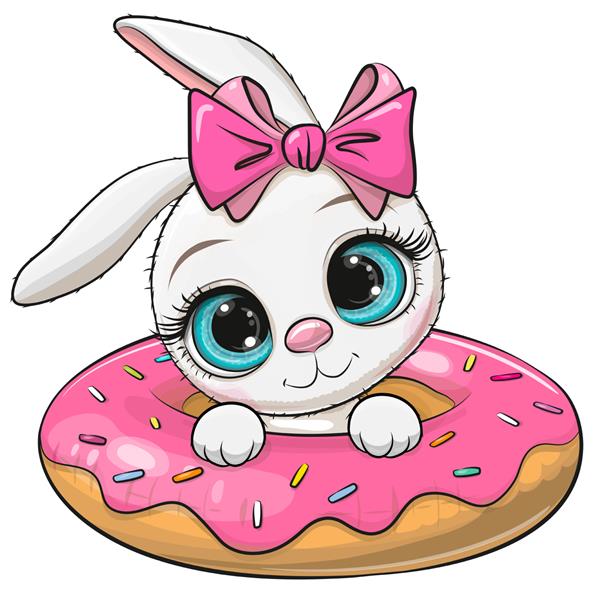کارتونی زیبا دختر خرگوش در حال شنا روی دونات حلقه استخر