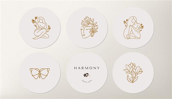مجموعه ای از نمادها و نشان ها برای پوشش های خبری رسانه های اجتماعی با پروانه های طلایی و گل ماده در پس زمینه سفید طراحی قالب برای استودیو یوگا اخترشناس گردشگری سالن های زیبایی