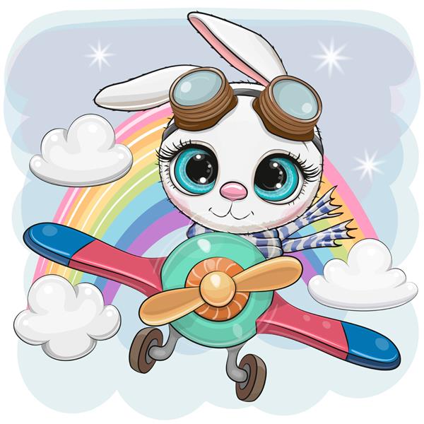 خرگوش کارتونی ناز در حال پرواز در هواپیما است