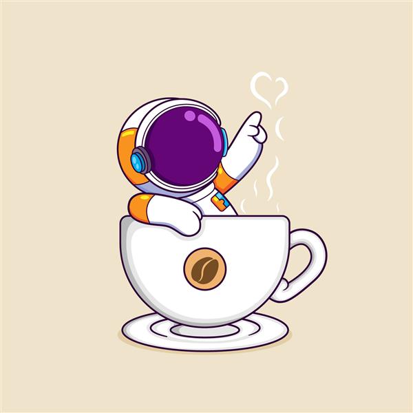 فضانورد در حال لذت بردن از روز در داخل فنجان قهوه داغ و آیکون عاشق تصویرسازی است