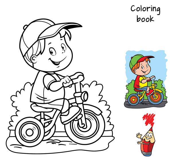 پسر بچه ای که دوچرخه سواری می کند کتاب رنگ آمیزی تصویر برداری کارتونی