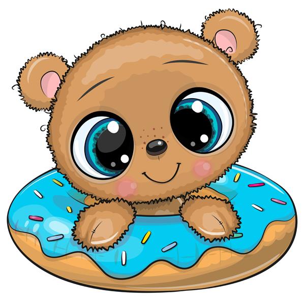 کارتون زیبای خرس عروسکی در حال شنا روی دونات حلقه ای استخر