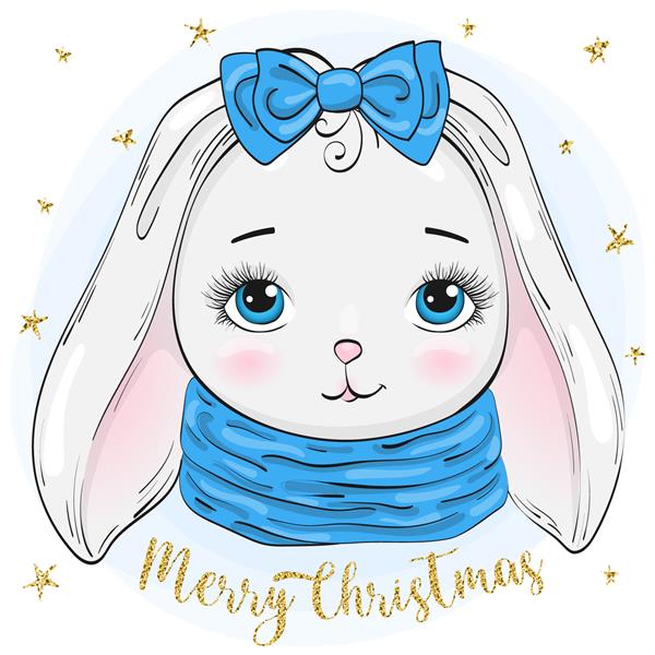 دختر خرگوش زیبای زمستانی با دست کشیده شده با کلمات کریسمس مبارک تصویر برداری
