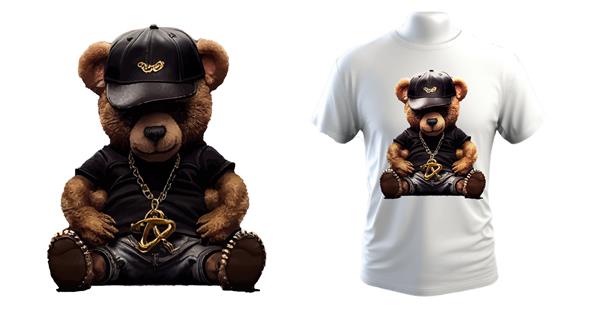 خرس عروسکی بامزه و بامزه با کلاه و زنجیر روی زمینه مشکی شعار گانگستر کارس با عروسک خرس تصویر برداری