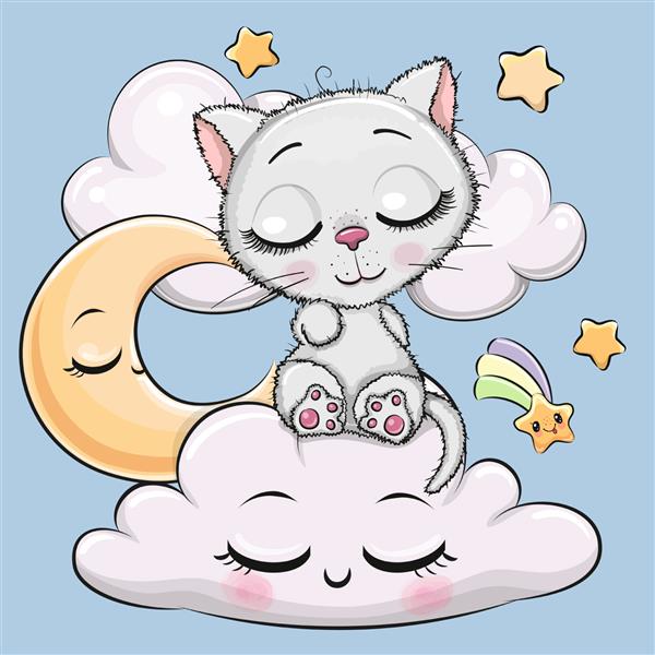 کارتون ناز وایت کیتی در حال خوابیدن روی ابر است