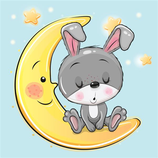 خرگوش کارتونی ناز در حال خواب روی ماه است