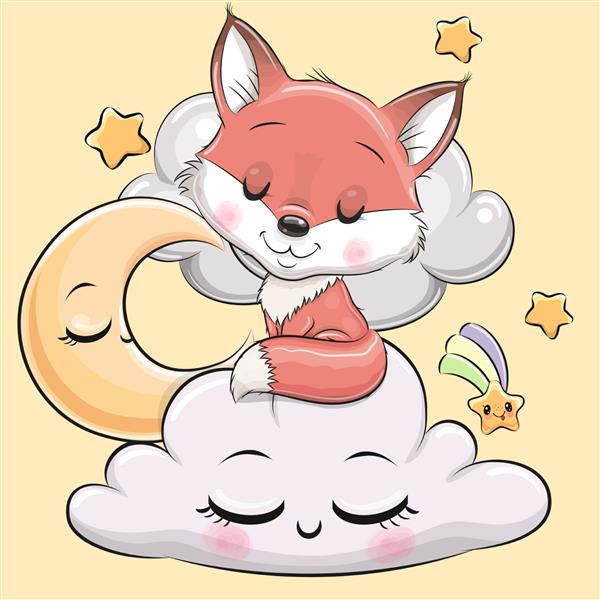 روباه کارتونی ناز روی ابر خوابیده است