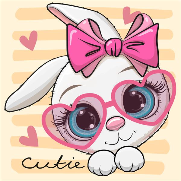 خرگوش کارتونی زیبا با پاپیون صورتی و عینک قلبی شکل