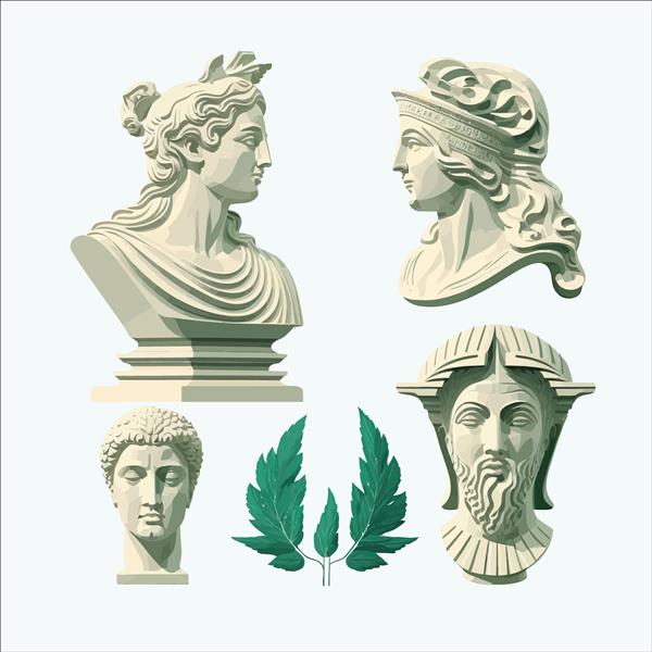 مجموعه مجسمه‌ها و مجسمه‌های کلاسیک یونان باستان که به سبک مدرن و مرسوم جدا شده روی پس‌زمینه سفید کشیده شده‌اند