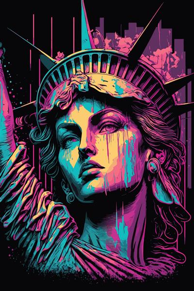 پرتره رنگارنگ مجسمه آزادی از ایالات متحده نیویورک برای تی شرت برچسب خالکوبی پوستر رنگ های نئون در زمینه مشکی سبک گرافیتی