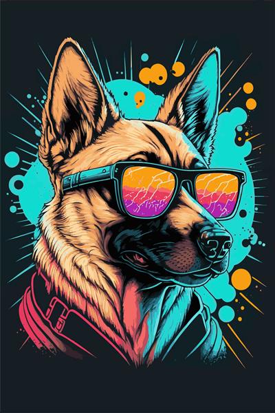 پرتره یکپارچهسازی با سیستمعامل نئون چند رنگ از یک سگ با عینک آثار هنری برای تی شرت پوستر کارت پستال جلد دفترچه یادداشت