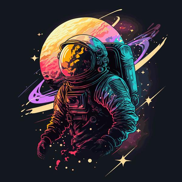 فضانوردی در فضا تصویر رنگارنگ در زمینه مشکی مناسب برای تی شرت پوستر کارت پستال و کتاب