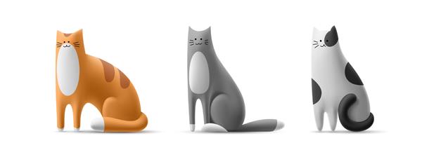 ست گربه های شاد حجمی در رنگ های مختلف به سبک کارتونی سه بعدی تصویر جدا شده از بچه گربه خنده دار ناز وکتور الگوی زنجبیل گربه راه راه قرمز خاکستری گربه خالدار نشسته است