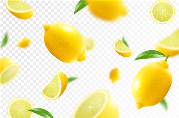 پس زمینه مرکبات لیمویی لیمو پرنده با برگ سبز در پس زمینه شفاف سقوط لیمو از زوایای مختلف میوه های متمرکز و تار تصویر برداری سه بعدی واقع گرایانه