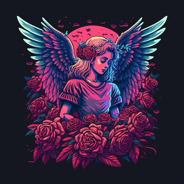 دختر فرشته با بال در گل مناسب برای چاپ روی تی شرت هودی و سایر لباس ها پوستر کاور کیف محافظ