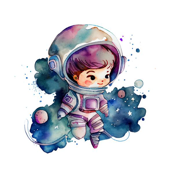 تصویر آبرنگ کارتونی کودک فضانورد ناز شخصیت کودک فضایی خنده دار که در فضا پرواز می کند کیهان و ستاره ها را کاوش کنید کیهان نورد Kawaii Kid در لباس فضایی و کلاه ایمنی کاوش کهکشان