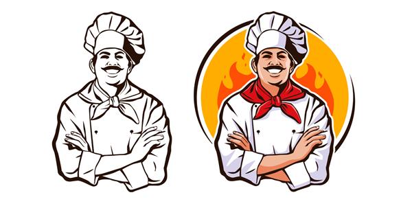 استاد آشپز نماد یا لوگوی رستوران ها سرآشپز شاد با کلاه آشپزی آشپزی مفهوم غذا تصویر برداری کارتونی