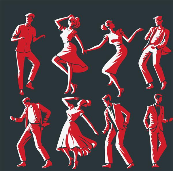 تصویر برداری ساده در مورد رقصیدن افراد یا فیگورهایی که در حال حرکت و شیار کردن با موسیقی هستند تصویری که افراد در هر سن و توانایی از سبک‌های مختلف رقص لذت می‌برند مانند رقص سالسا در سالن رقص یا ضربه زدن