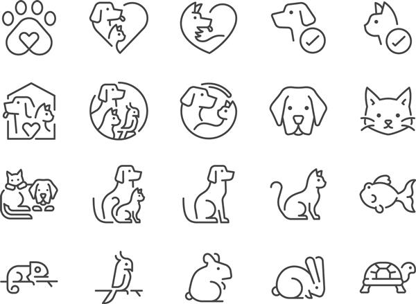 مجموعه آیکون های دوستدار حیوانات خانگی شامل نمادهایی به عنوان سگ گربه حیوانات پرنده ماهی و موارد دیگر