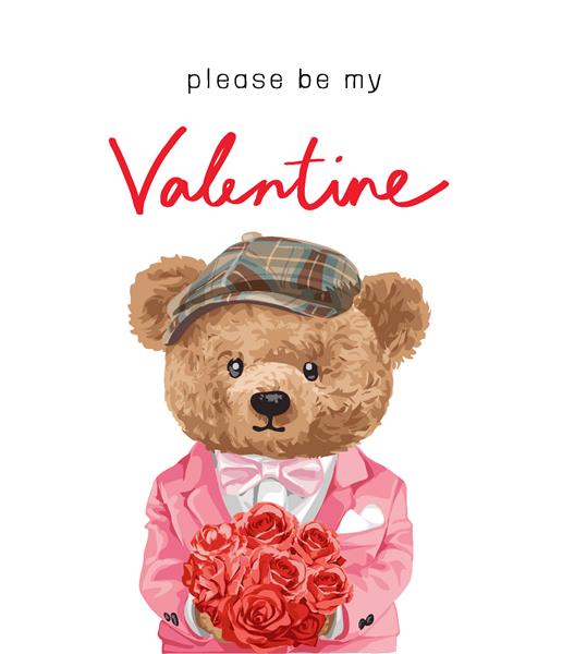 کارت ولنتاین بامزه با عروسک خرس در کت و شلوار صورتی که دسته گل رز را در دست دارد تصویر وبتور