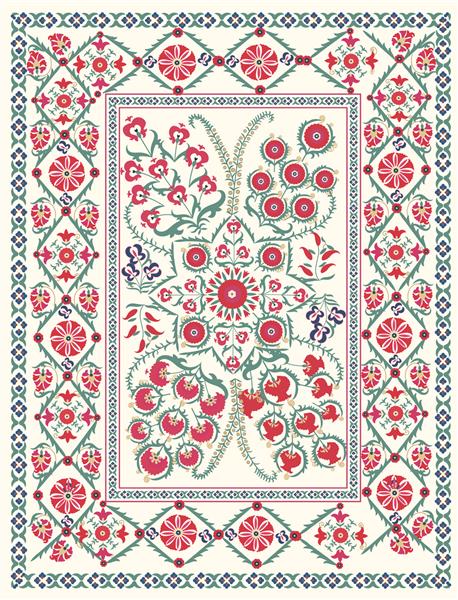 سوزنی یا سوزان - فرش طرح دار ازبکستانی پخش شده در آسیای مرکزی محصول نساجی سنتی مورد استفاده در دکوراسیون منزل و صنعت مد محصول گلدوزی