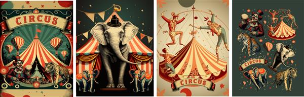 سیرک تصاویر وکتور قدیمی آکروبات ها چادر سیرک حیوانات فیل ببر دلقک برای پوستر یکپارچهسازی با سیستمعامل پس زمینه و بلیط