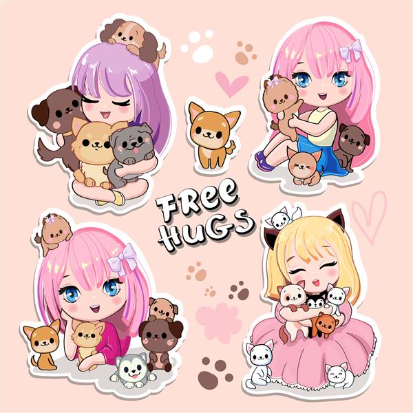 مجموعه ای زیبا با دختران انیمیشن کارتونی با بچه گربه ها و سگ های کوچک برچسب های پچ مد چاپ تصویر برداری به سبک کاوایی برای تی شرت