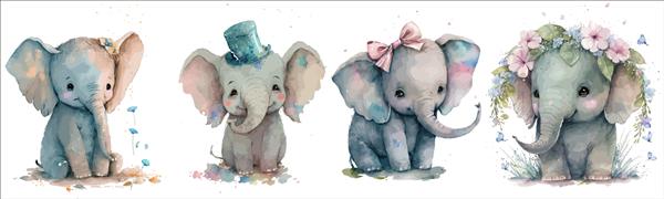 مجموعه ای از فیل ها با تاج گل روی سر یک پاپیون یک کلاه به سبک آبرنگ تصویر برداری جدا شده