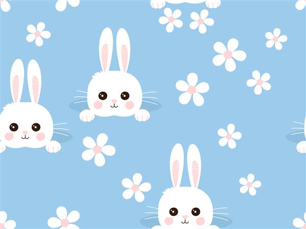 الگوی بدون درز با کارتون های خرگوش و گل دیزی در تصویر برداری پس زمینه آبی چاپ ناز کودکانه