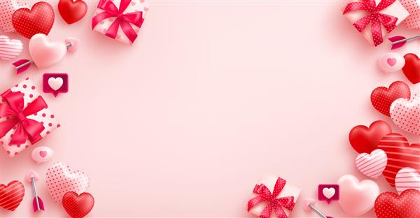 پوستر فروش روز ولنتاین با قلب زیبا و جعبه هدیه روز ولنتاین در زمینه صورتی الگوی تبلیغاتی و خرید برای مفهوم عشق و روز ولنتاین