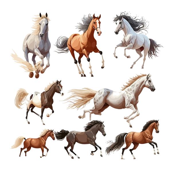 ست اسب جدا شده در پس زمینه تصویر برداری تخت کارتونی