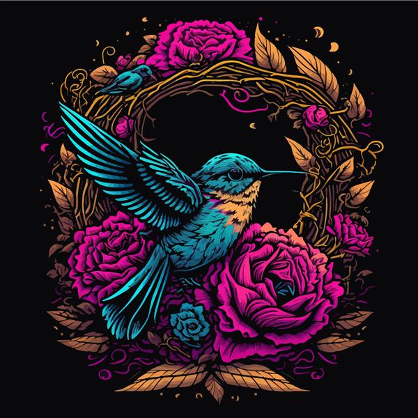 تصویری از پرندگان و گل‌ها در رنگ‌های نئون روشن با زیبایی‌شناسی یکپارچهسازی با سیستمعامل مناسب برای چاپ روی تی‌شرت جلد تلفن کتاب و پوستر