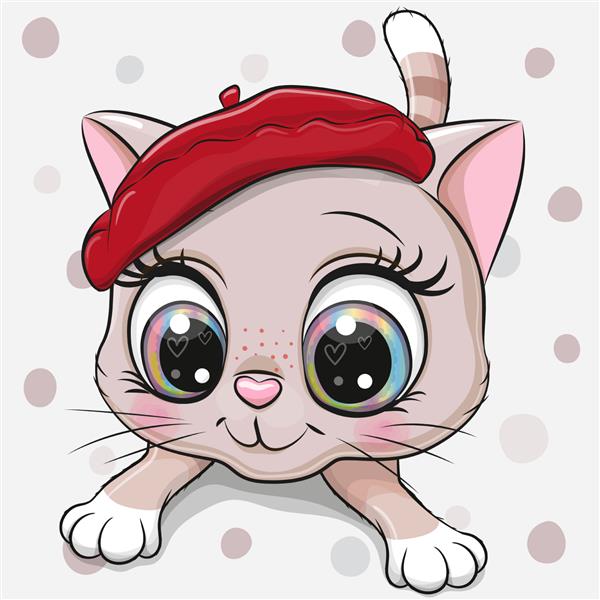 بچه گربه کارتونی ناز با کلاه قرمز در پس زمینه نقطه