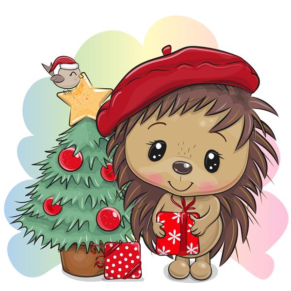 کارت تبریک جوجه تیغی کارتونی زیبا با هدیه و درخت کریسمس