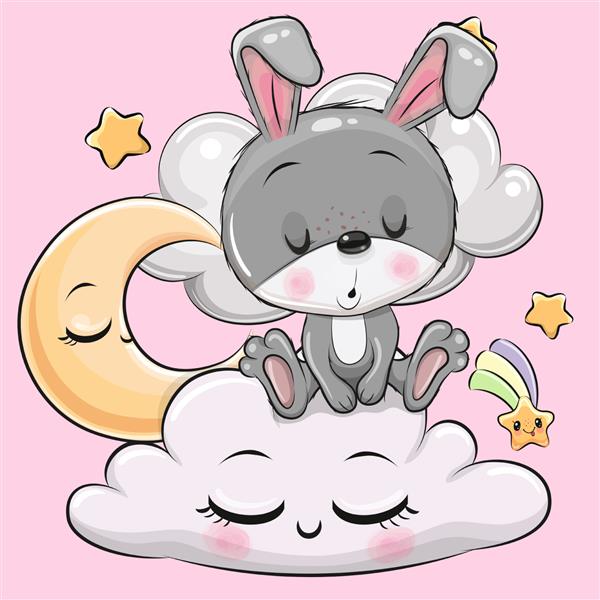 خرگوش کارتونی ناز در حال خوابیدن روی ابر است