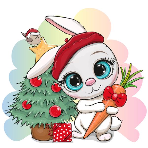 کارت تبریک خرگوش کارتونی ناز با هویج و درخت کریسمس با هدیه