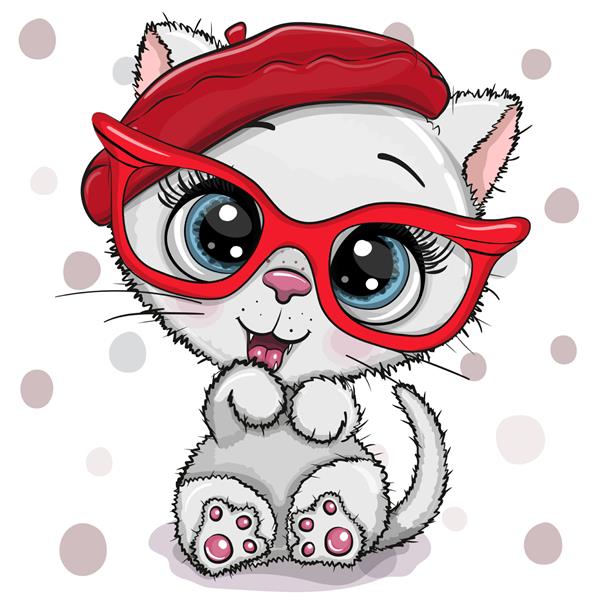 بچه گربه کارتونی ناز با کلاه قرمز با عینک قرمز روی پس زمینه نقطه