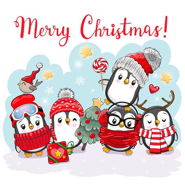کارت پستال کارتونی زیبا پنگوئن های کریسمس