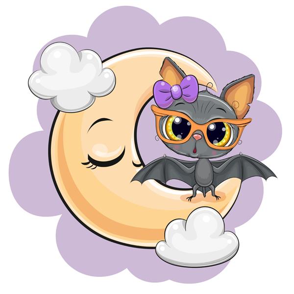 خفاش کارتونی ناز روی ماه نشسته است