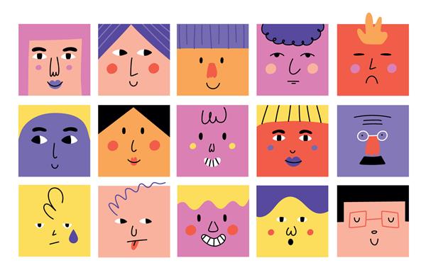 صورت های مربعی انتزاعی شخصیت های کارتونی خنده دار با احساسات مختلف آواتارهای مد روز شاد به سبک ابله پرتره افراد لبخند تصویر هندسی معاصر مجموعه ایزوله وکتور کشیده شده با دست