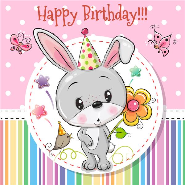 کارت تبریک خرگوش کارتونی ناز با یک گل