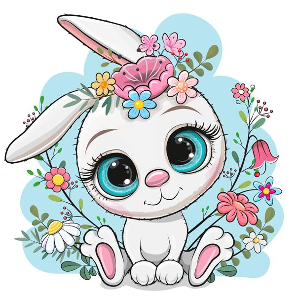 خرگوش سفید کارتونی ناز با گل و شاخه