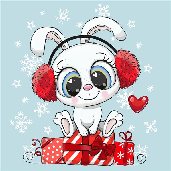 خرگوش سفید کارتونی زیبا با هدایایی در هدفون خز روی پس‌زمینه آبی