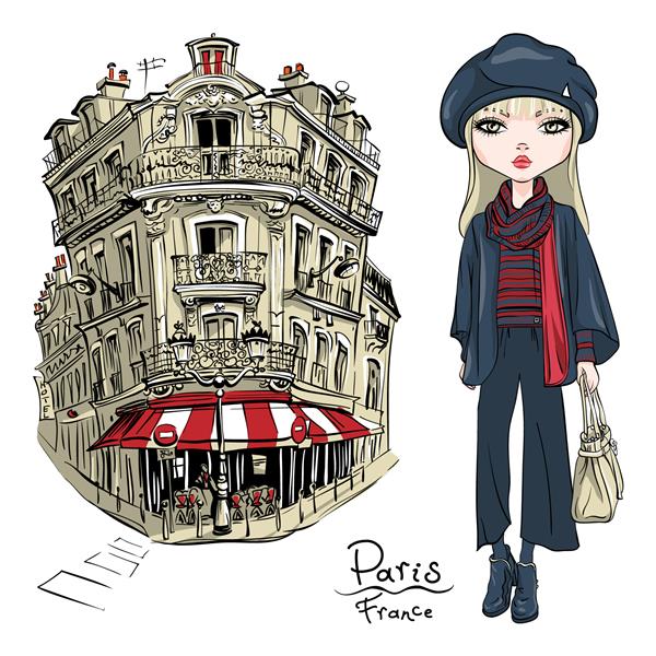 وکتور دختر بلوند ناز با لباس های پاییزی روسری و چکمه ژاکت و شلوار جین در پاریس فرانسه