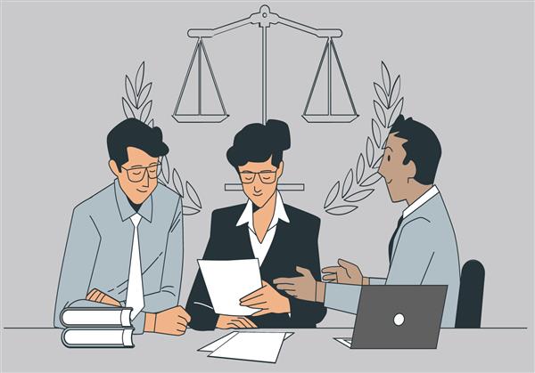 تاجر و وکیل یا قاضی زن در ملاقات تیمی با مشتری مفهوم حقوقی و خدمات حقوقی مشورت می کنند قاضی مشاوره برگزاری جلسه تیمی با مشتری تاجر قانون و مفهوم خدمات حقوقی