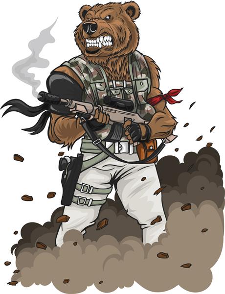 طراحی تصویر سرباز خرس قهوه‌ای بی‌نقص که سلاح گرم در دست دارد با حالت عصبانیت