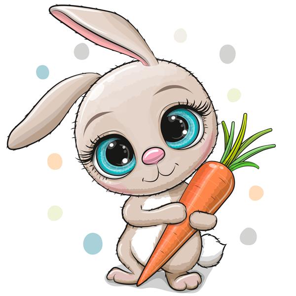 خرگوش کارتونی ناز با هویج در پس زمینه سفید
