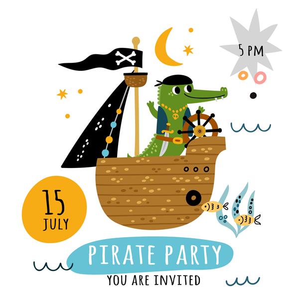 کارت دزد دریایی زیبا ملوانان خنده دار با عناصر دریایی کشتی های بادبانی و کورس کاپیتان قایق بادبانی فیلیباستر تمساح با سابر قایق چوبی اقیانوس وکتور جشن دزدی دریایی