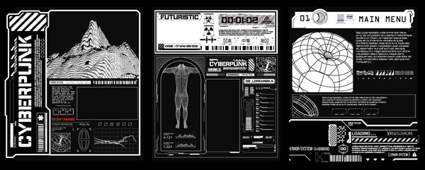 پوسترهای آینده‌نگر یکپارچهسازی با سیستمعامل Cyberpunk اشکال کیهانی انتزاعی مجموعه پوسترهای انتزاعی مدرن به سبک اسید عناصر طراحی دیجیتال سبک hud اشکال مد روز 2022 در سبک سایبرپانک بردار