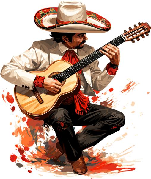نوازنده مکزیکی در حال نواختن گیتار نشسته تصویر برداری جدا شده در پس زمینه سفید